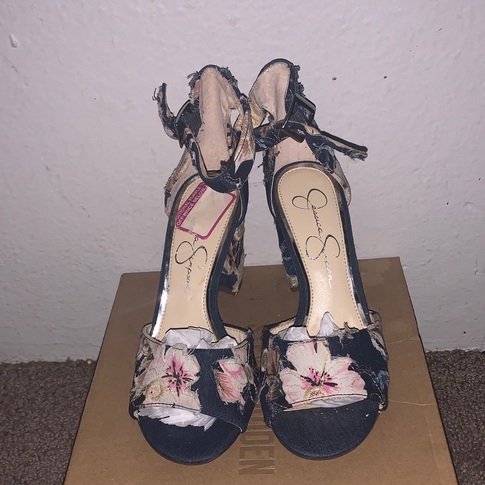 Jessica Simpson Navy Heels with Pink Floral Accents